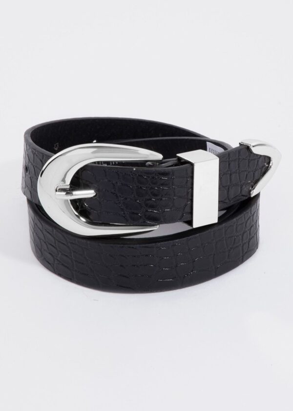 BLACK FAUX LEATHER BELT WITH SILVER BUCKLE