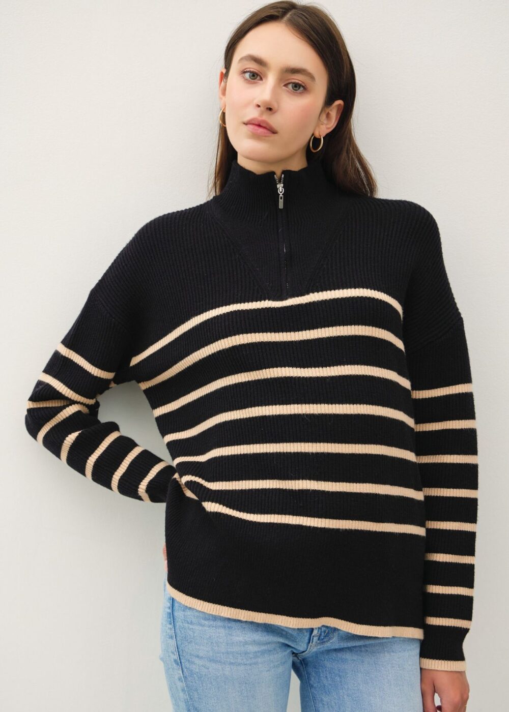 BLACK AND TAUPE STRIPE QUARTER ZIP SWEATER