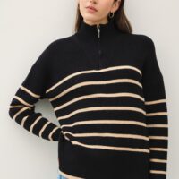 BLACK AND TAUPE STRIPE QUARTER ZIP SWEATER