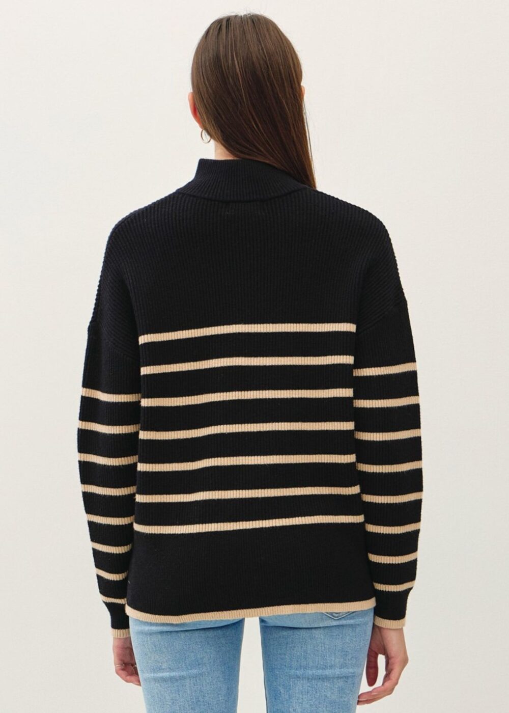 BLACK AND TAUPE STRIPE QUARTER ZIP SWEATER