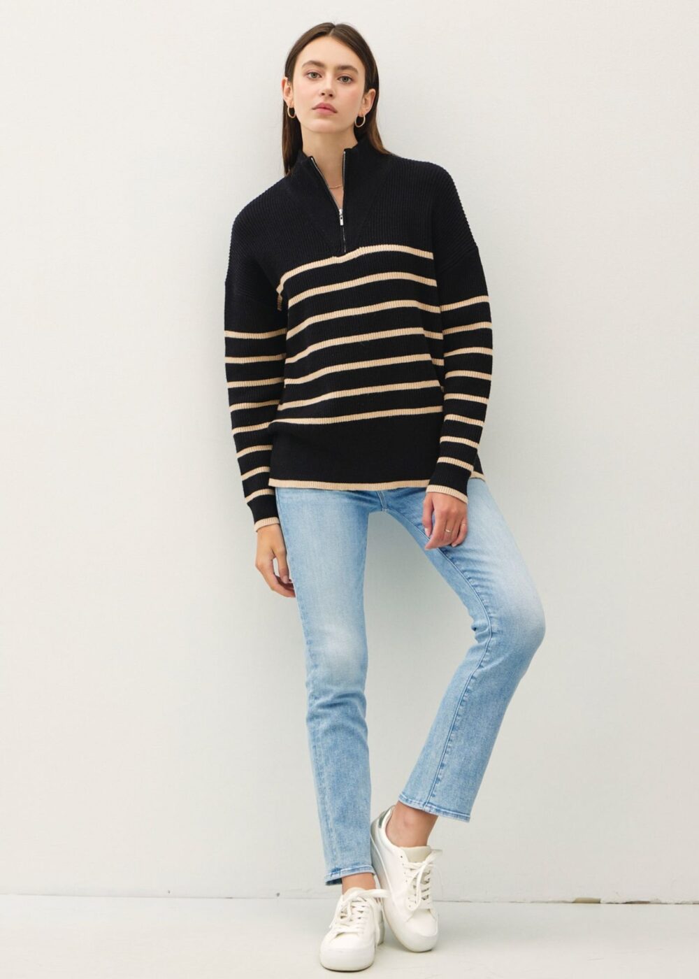 BLACK AND TAUPE STRIPE QUARTER ZIP SWEATER