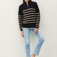 BLACK AND TAUPE STRIPE QUARTER ZIP SWEATER