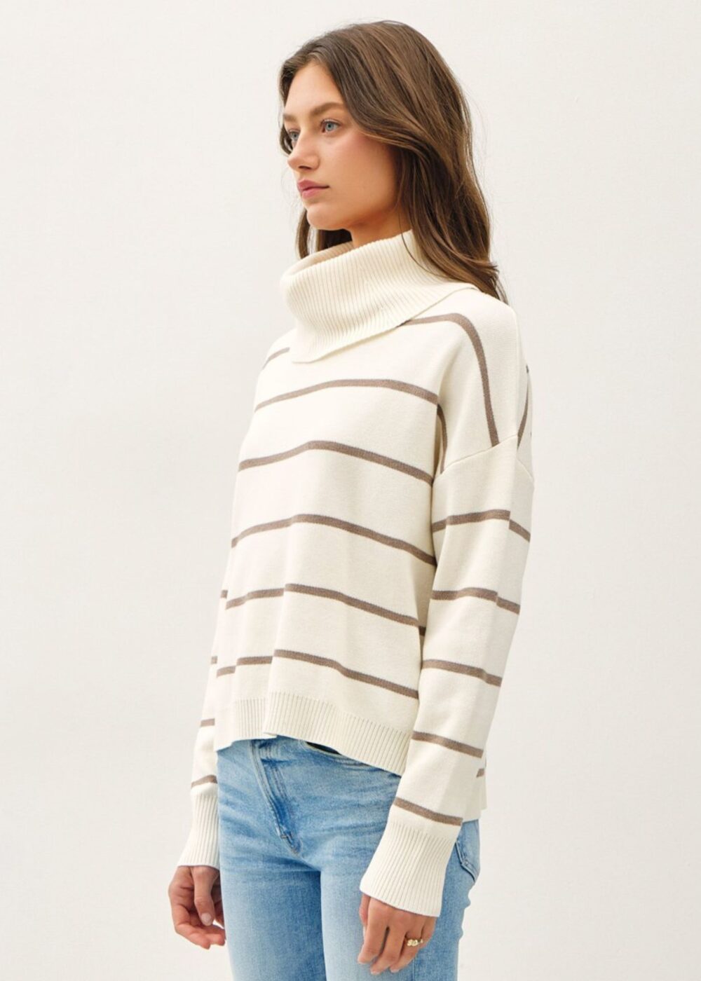 IVORY AND TAUPE STRIPE TURTLENECK SWEATER