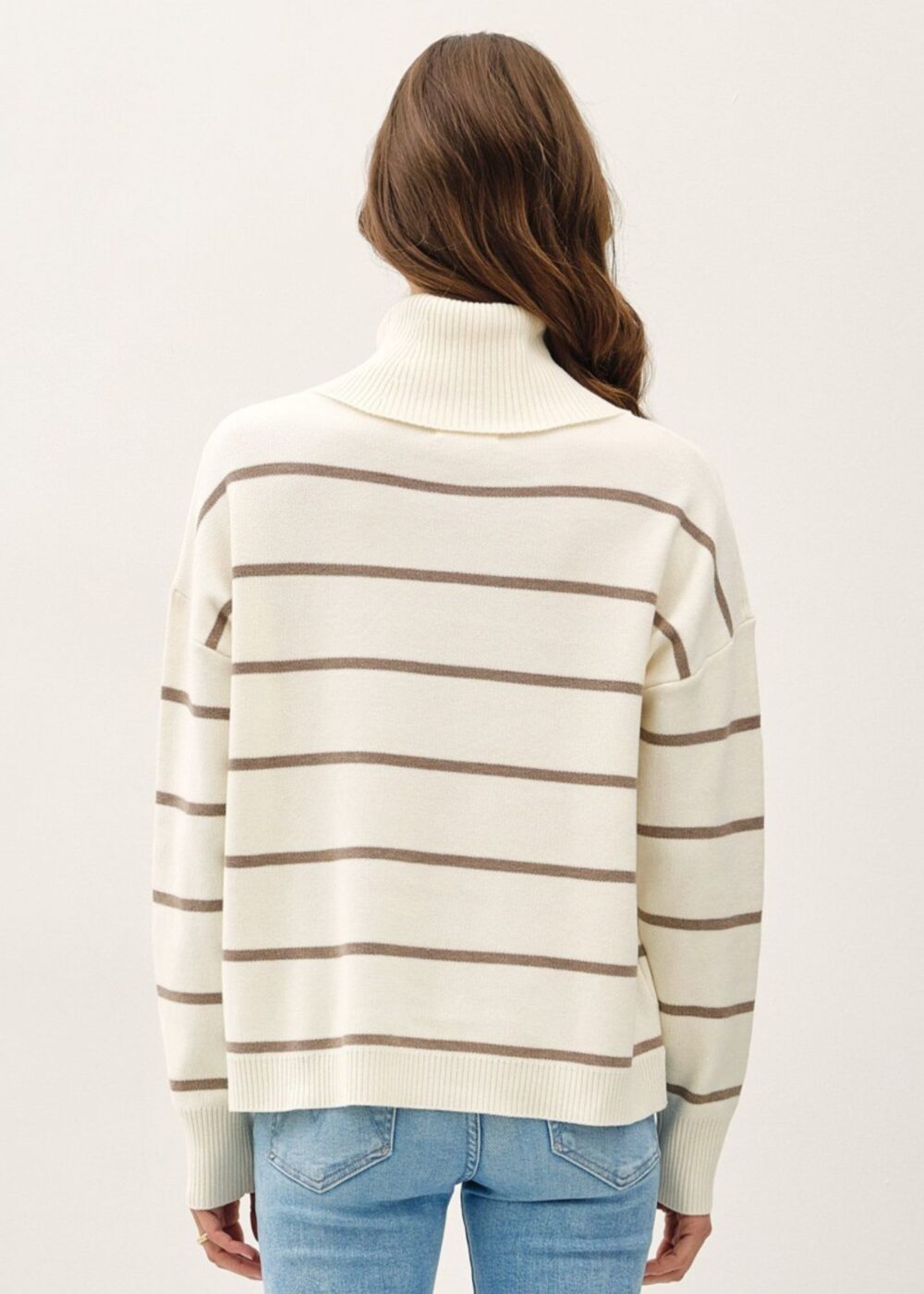 IVORY AND TAUPE STRIPE TURTLENECK SWEATER