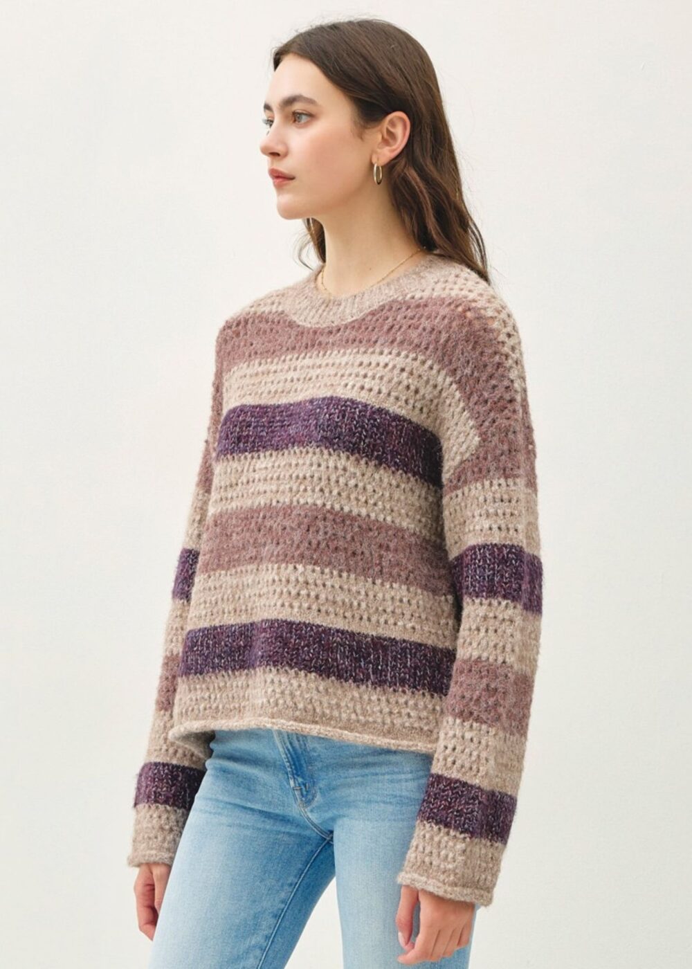 MAUVE STRIPE CROCHET SWEATER