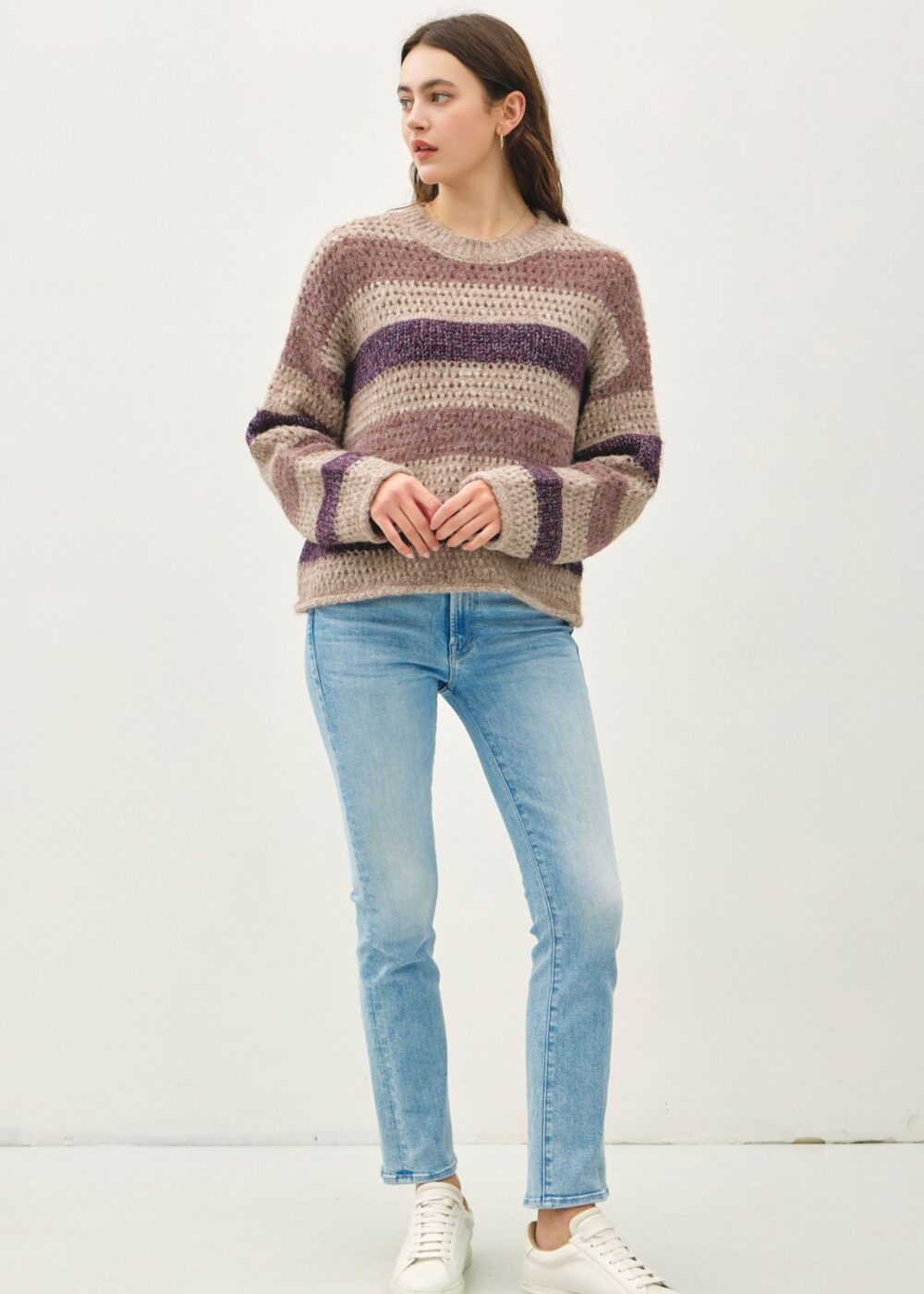 MAUVE STRIPE CROCHET SWEATER