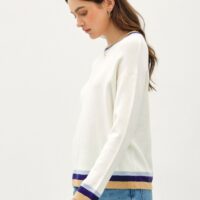 CREAM SWEATER WITH BLUE, PURPLE, AND GOLD ACCENT STRIPE TRIM