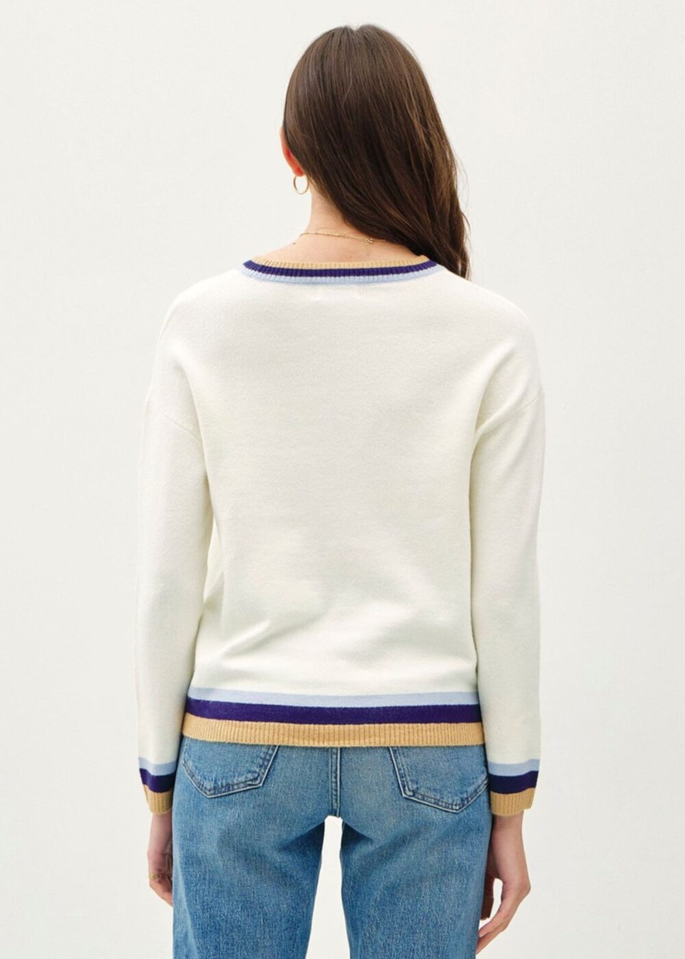 CREAM SWEATER WITH BLUE, PURPLE, AND GOLD ACCENT STRIPE TRIM