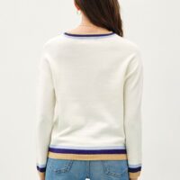 CREAM SWEATER WITH BLUE, PURPLE, AND GOLD ACCENT STRIPE TRIM