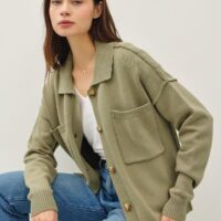 OLIVE GREEN KNIT COLLARED CARDIGAN