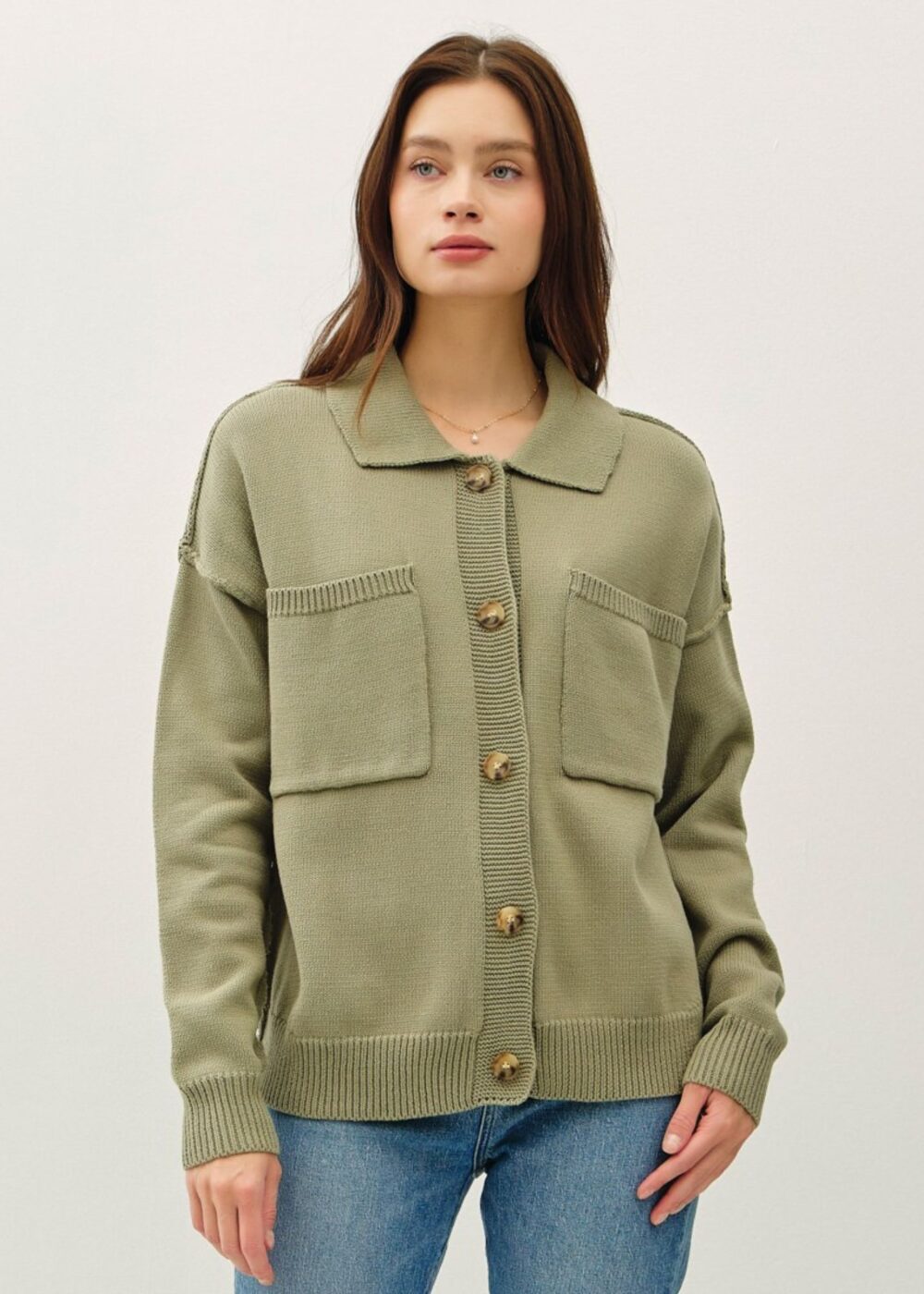 OLIVE GREEN KNIT COLLARED CARDIGAN