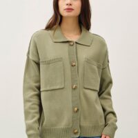 OLIVE GREEN KNIT COLLARED CARDIGAN