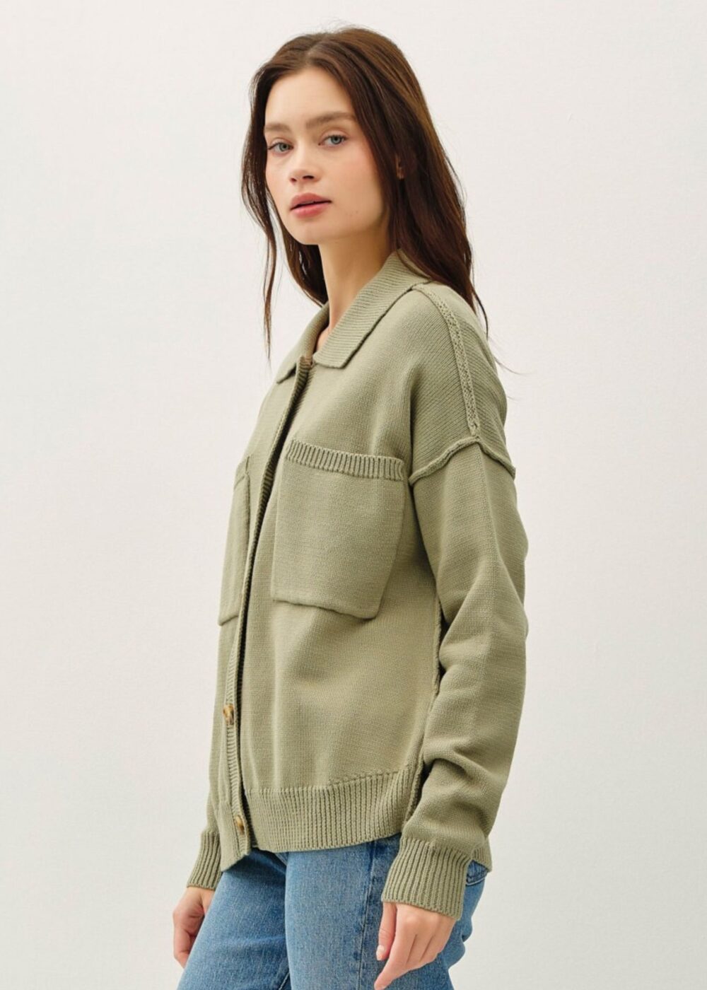 OLIVE GREEN KNIT COLLARED CARDIGAN