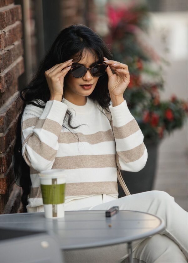 IVORY AND TAUPE BOLD STRIPE SWEATER