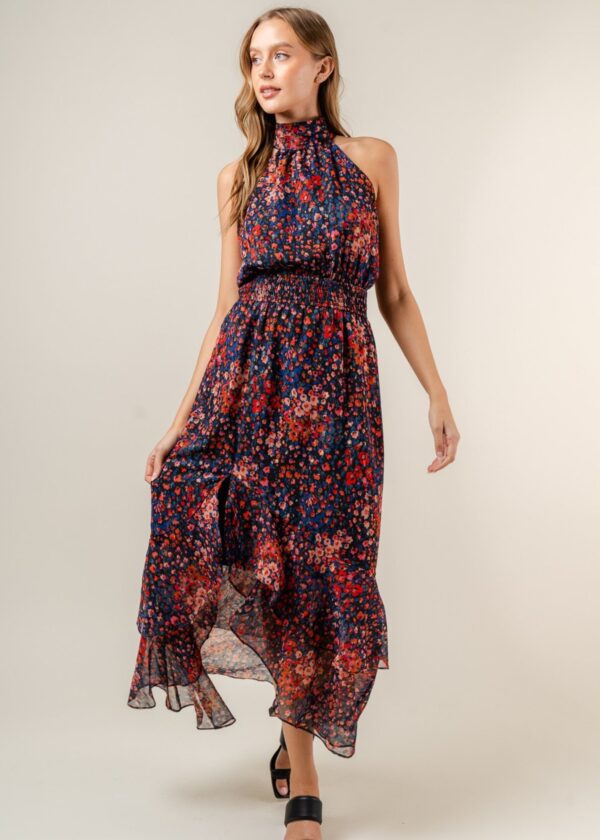 NAVY AND RED FLORAL HALTER NECK MAXI DRESS