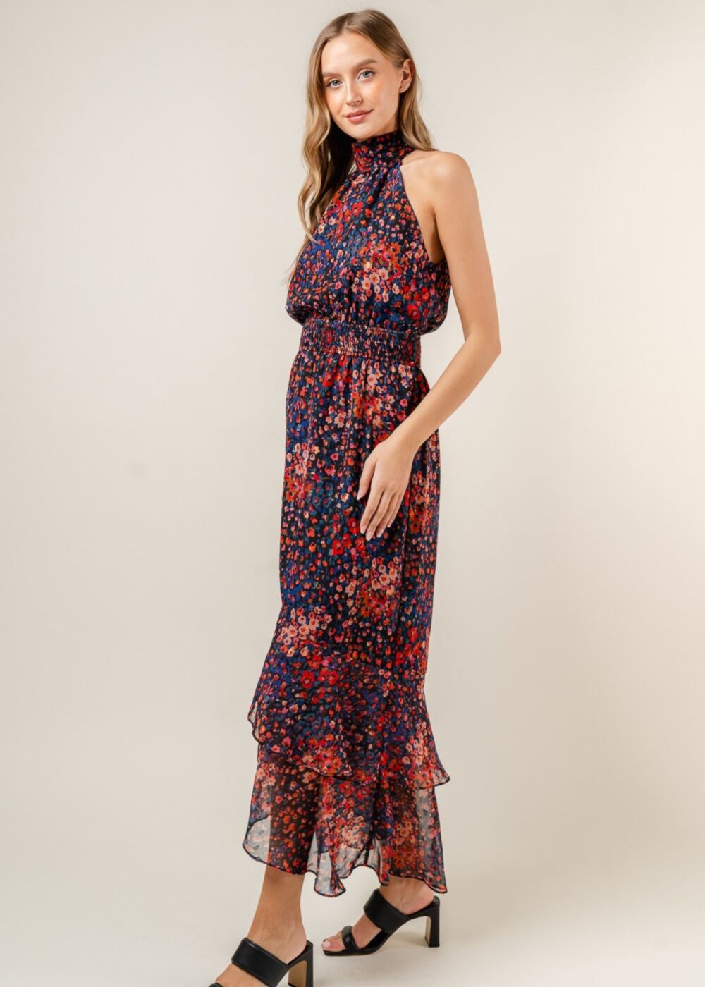 NAVY AND RED FLORAL HALTER NECK MAXI DRESS