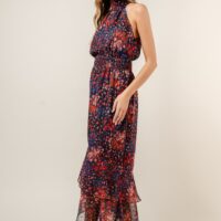 NAVY AND RED FLORAL HALTER NECK MAXI DRESS