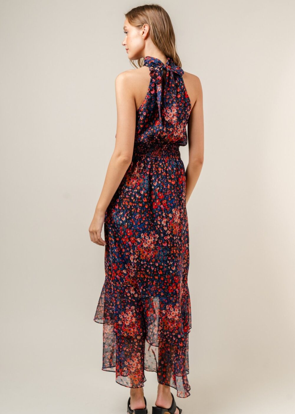 NAVY AND RED FLORAL HALTER NECK MAXI DRESS