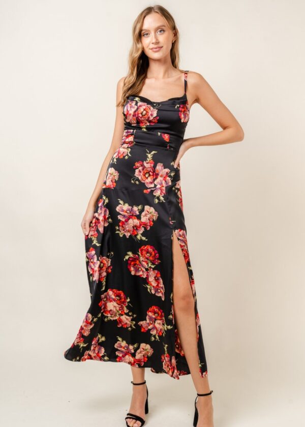 BLACK SATIN MIDI DRESS WITH RED FLORAL PRINT