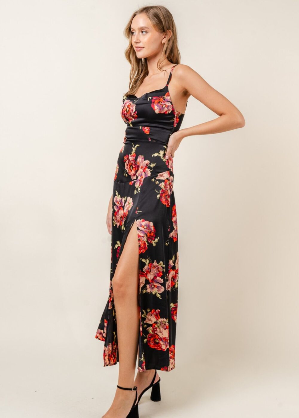 BLACK SATIN MIDI DRESS WITH RED FLORAL PRINT