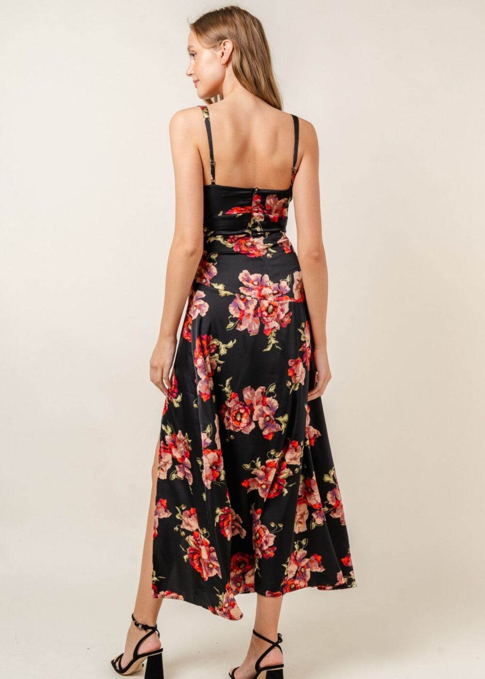 BLACK SATIN MIDI DRESS WITH RED FLORAL PRINT