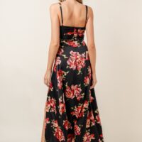 BLACK SATIN MIDI DRESS WITH RED FLORAL PRINT