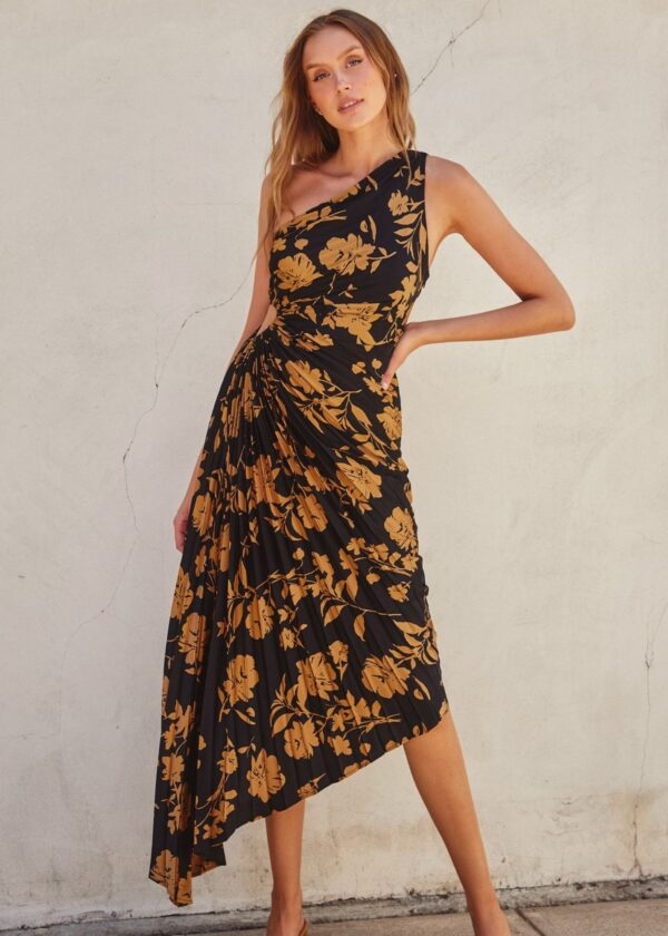 BLACK AND GOLD FLORAL ASYMMETRICAL PLEATED DRESS