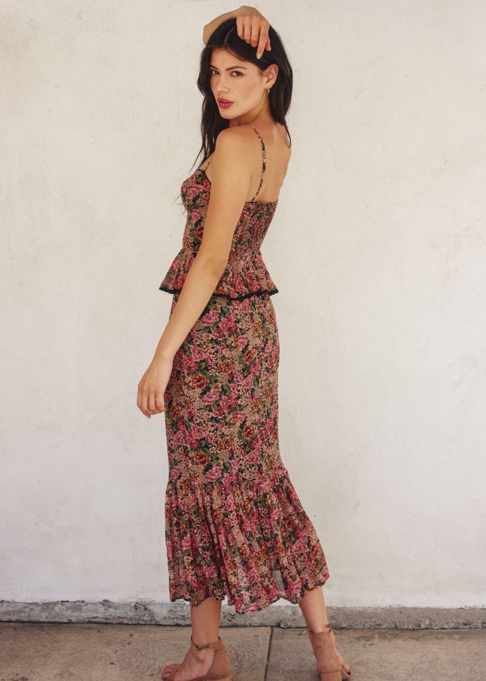 PINK AND BLACK FLORAL MIDI DRESS