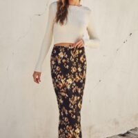 BLACK AND GOLD FLORAL MIDI SKIRT