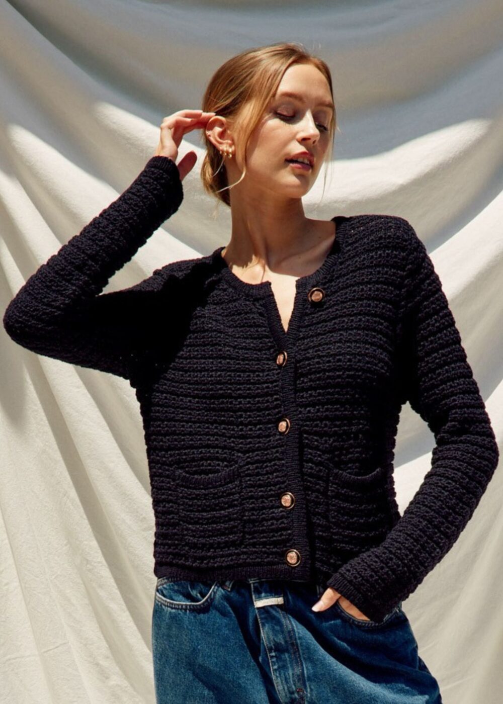 BLACK KNIT CARDIGAN WITH GOLD BUTTONS