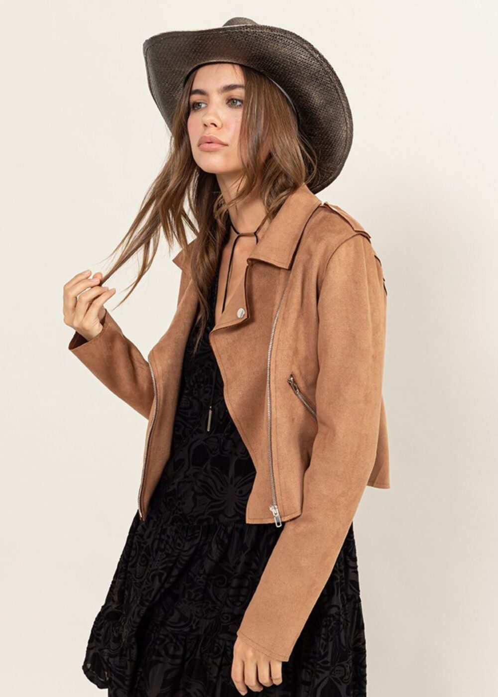 CAMEL BROWN FAUX SUEDE MOTO JACKET