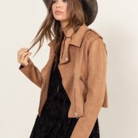 CAMEL BROWN FAUX SUEDE MOTO JACKET