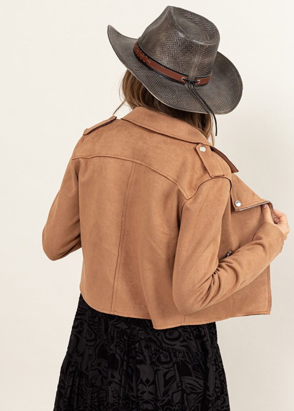 CAMEL BROWN FAUX SUEDE MOTO JACKET