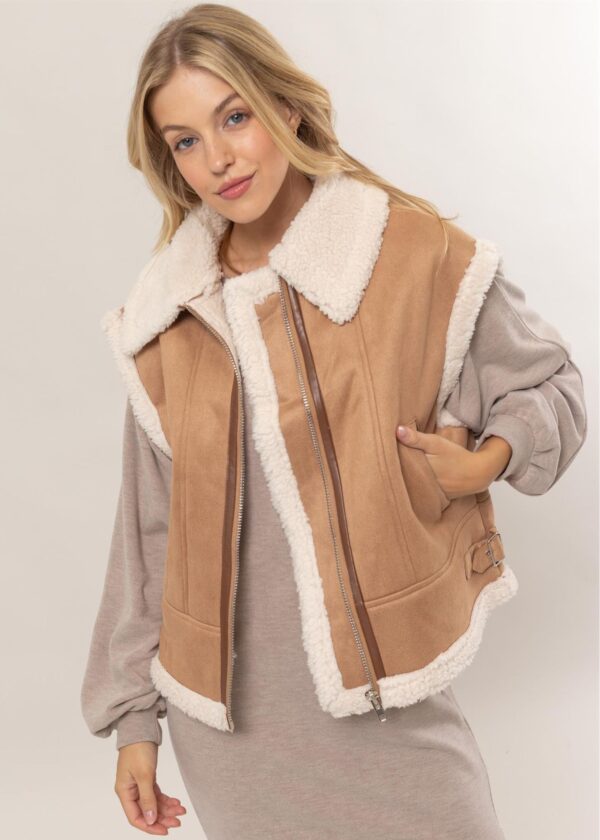 CAMEL BROWN SUEDE VEST WITH SHERPA TRIM