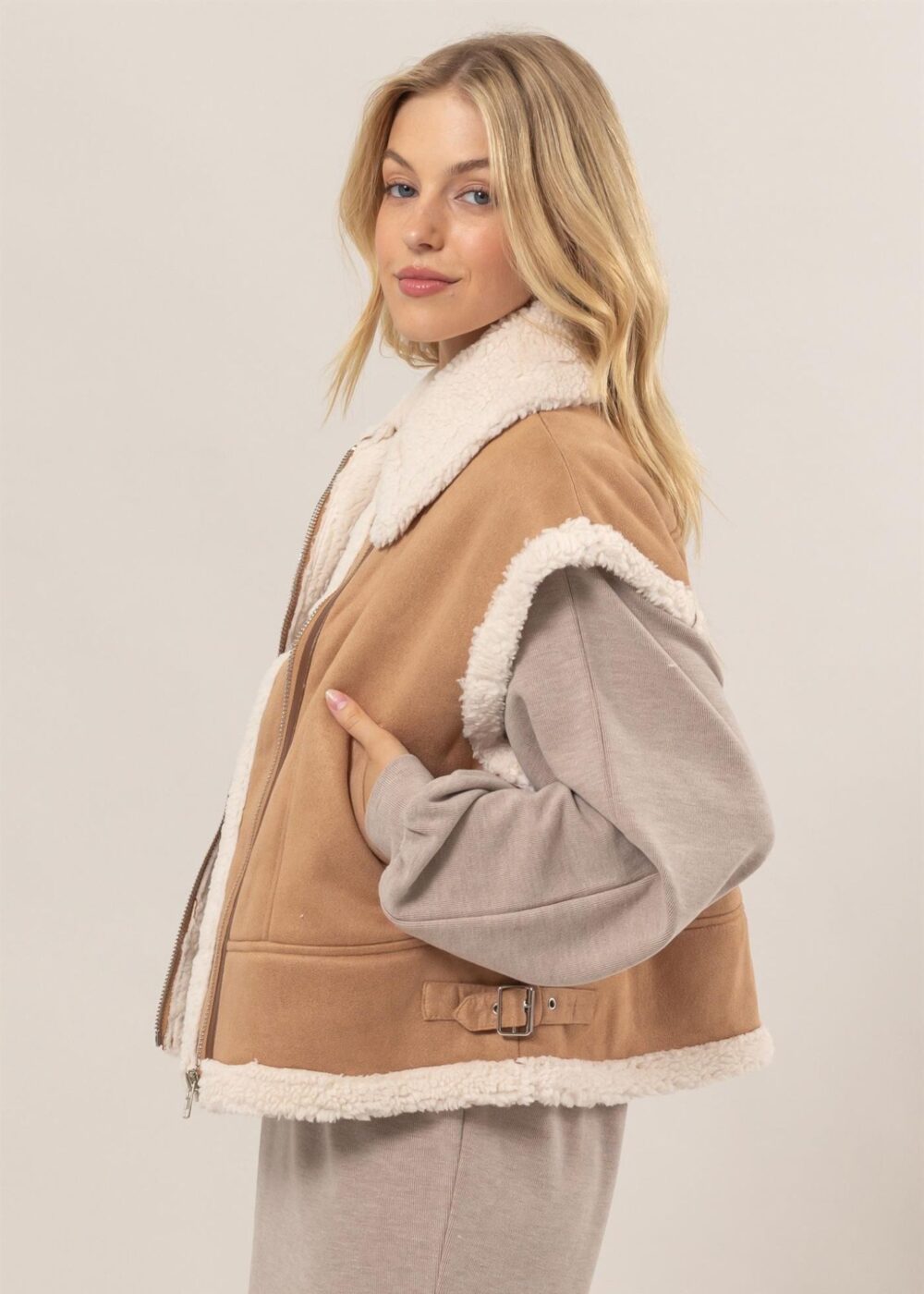 CAMEL BROWN SUEDE VEST WITH SHERPA TRIM