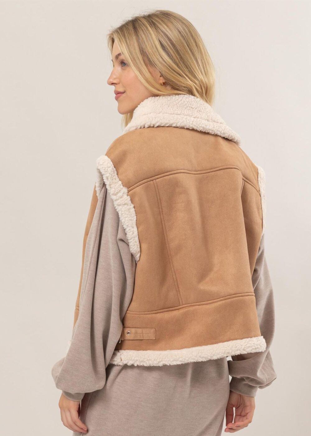 CAMEL BROWN SUEDE VEST WITH SHERPA TRIM