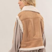 CAMEL BROWN SUEDE VEST WITH SHERPA TRIM