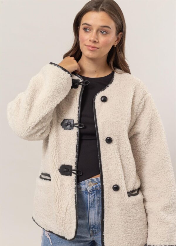 CREAM SHERPA JACKET WITH BLACK FAUX LEATHER TRIM