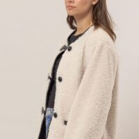 CREAM SHERPA JACKET WITH BLACK FAUX LEATHER TRIM