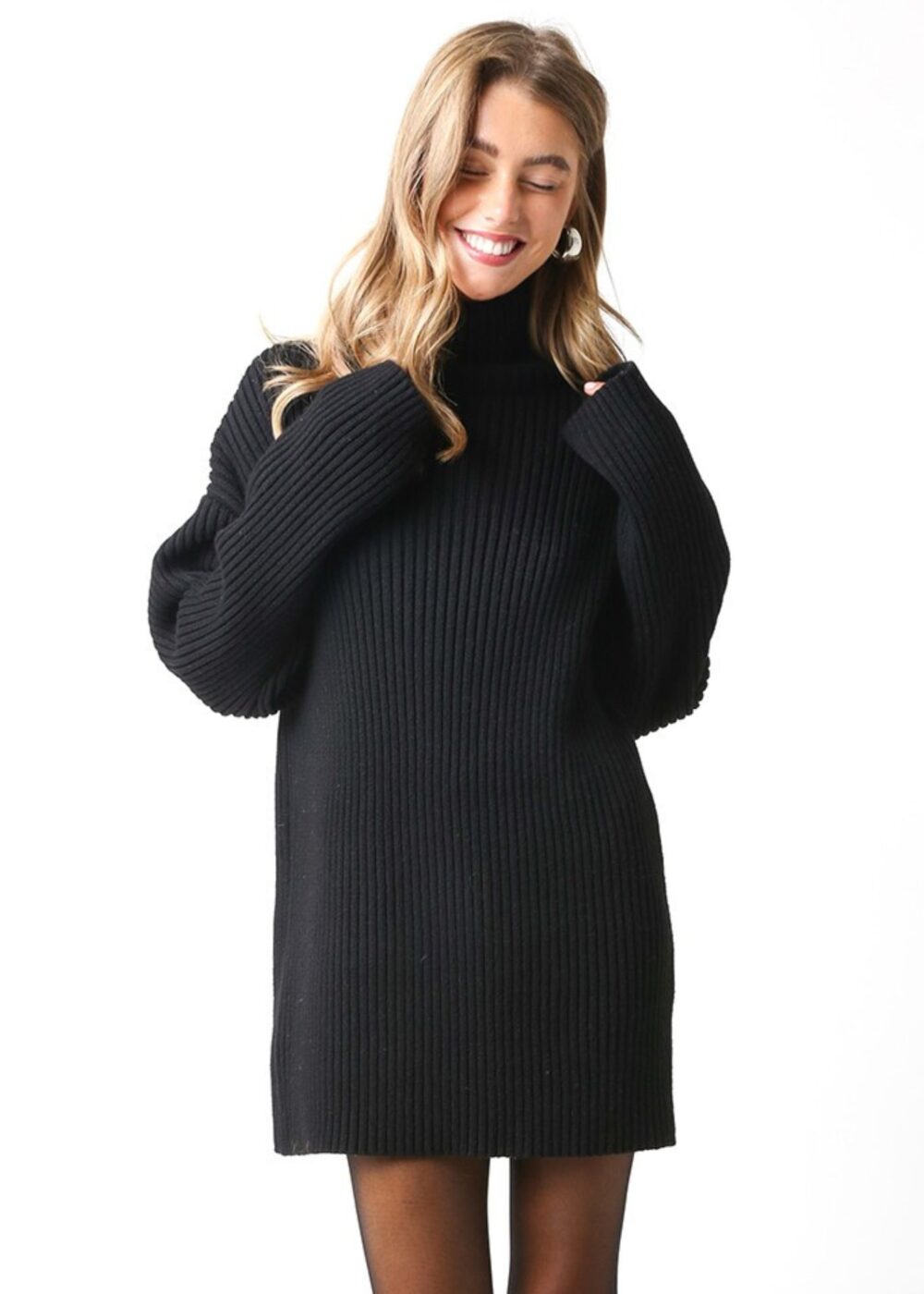 BLACK TURTLENECK MINI SWEATER DRESS