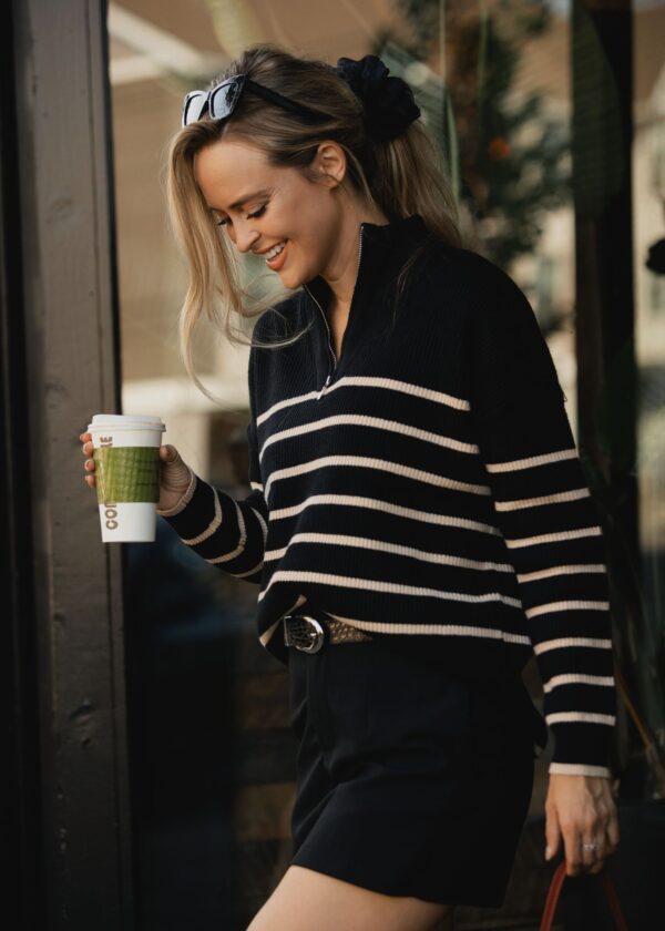 BLACK AND TAUPE STRIPE QUARTER ZIP SWEATER