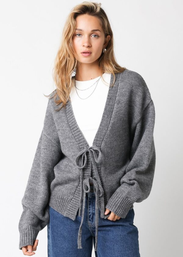 GREY FRONT TIE CARDIGAN