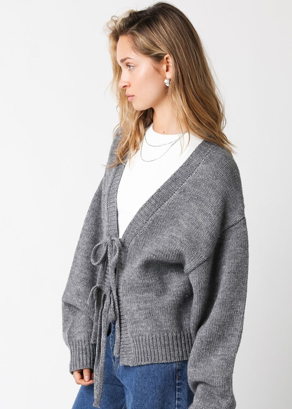 GREY FRONT TIE CARDIGAN