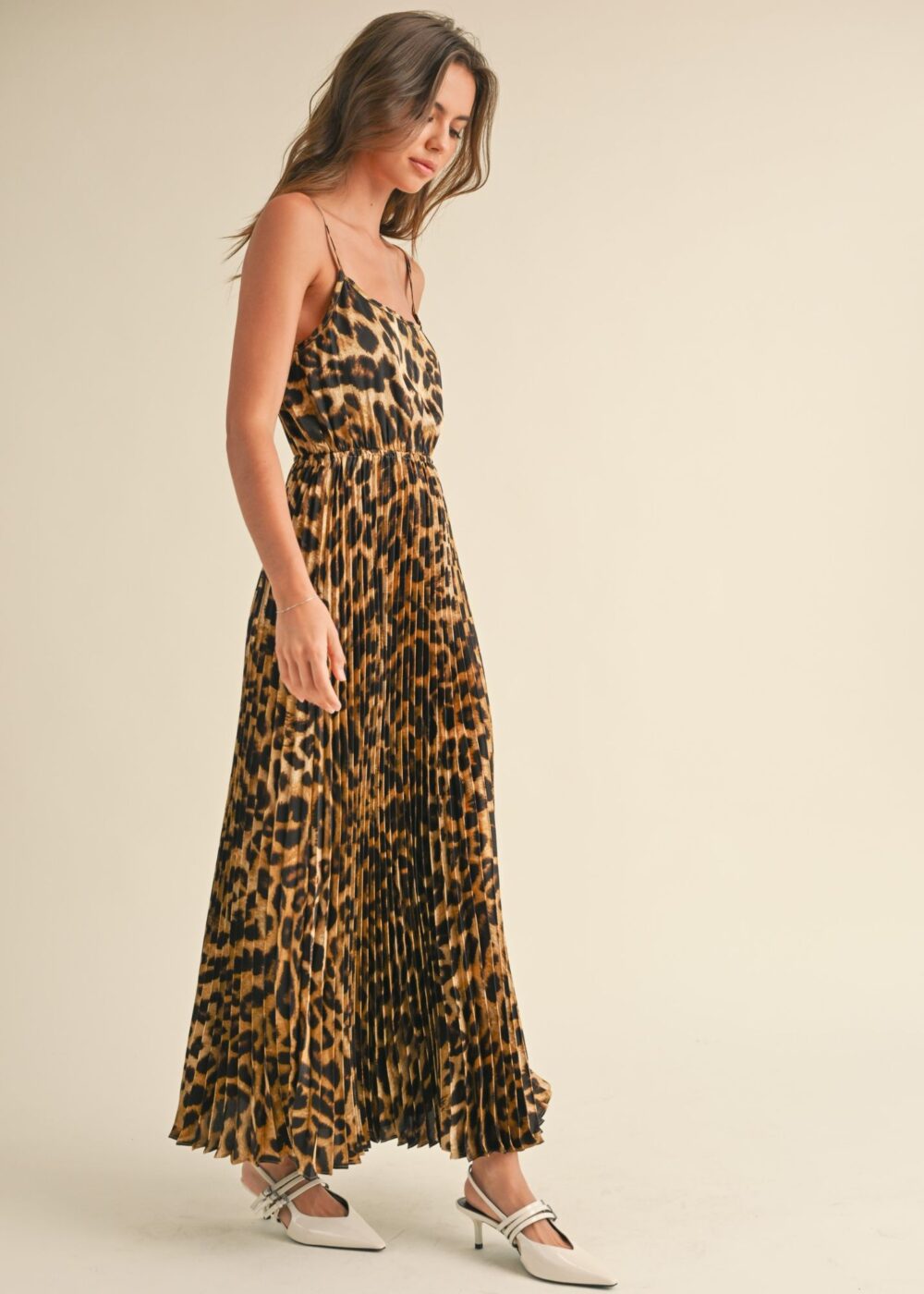 PLEATED LEOPARD PRINT MAXI DRESS