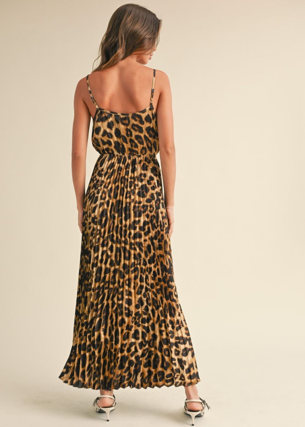 PLEATED LEOPARD PRINT MAXI DRESS