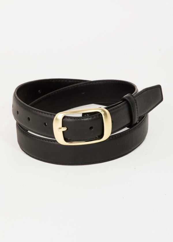 BLACK FAUX LEATHER BELT WITH GOLD RECTANGLE BUCKLE