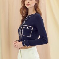 NAVY CROPPED CARDIGAN WITH WHITE TRIM OUTLINE