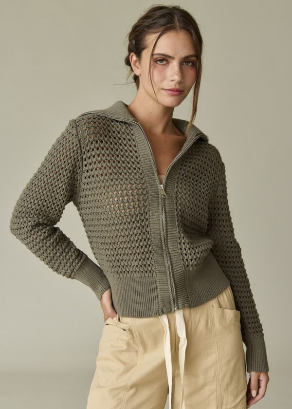 OLIVE GREEN OPEN KNIT ZIP UP CARDIGAN