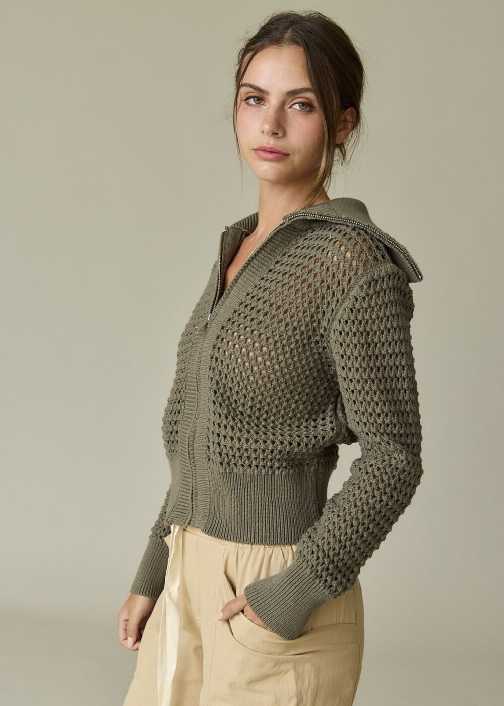 OLIVE GREEN OPEN KNIT ZIP UP CARDIGAN