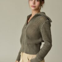 OLIVE GREEN OPEN KNIT ZIP UP CARDIGAN